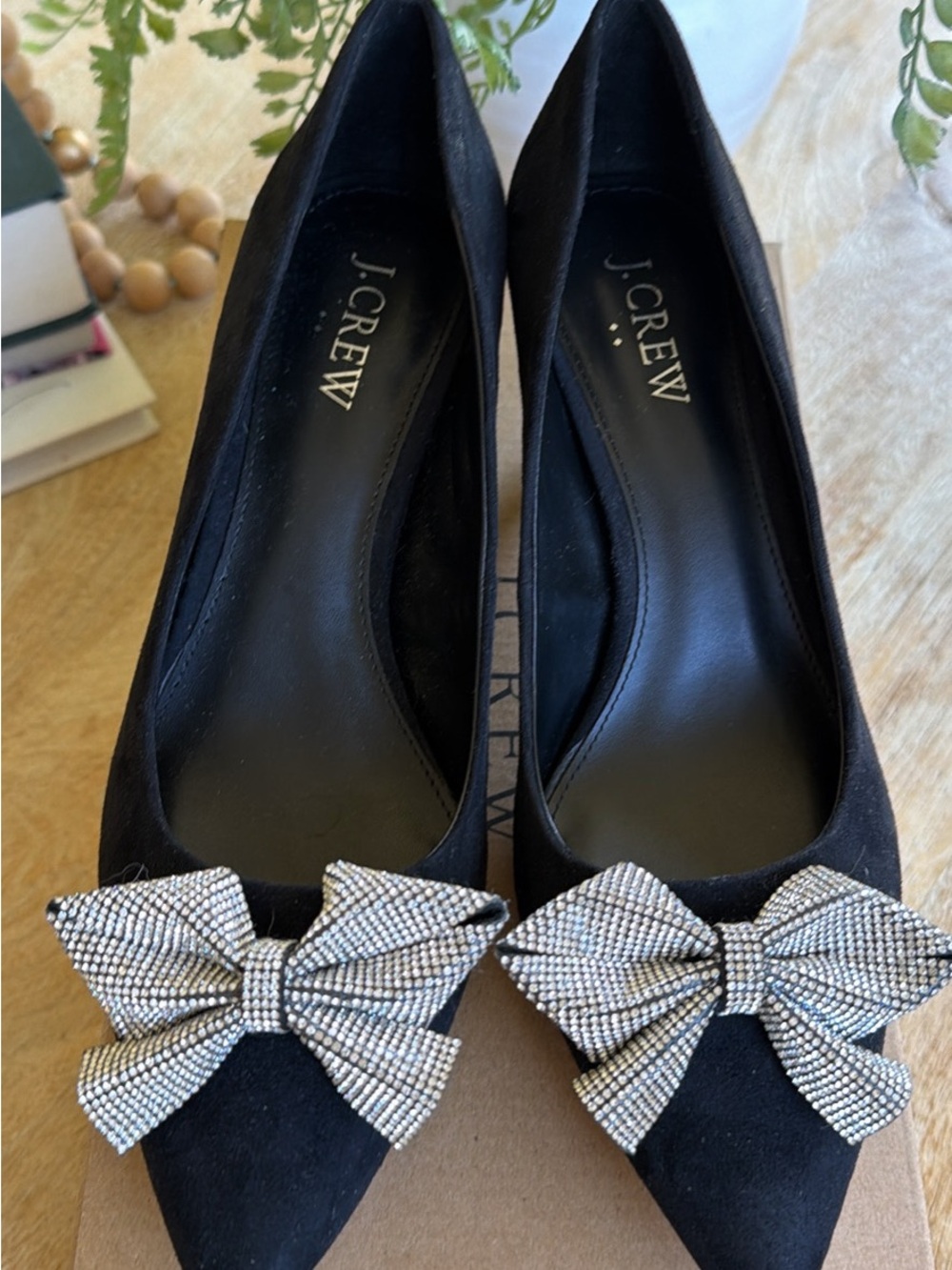J. Crew Black Suede Pointed Pumps with Crystal Bow Accent